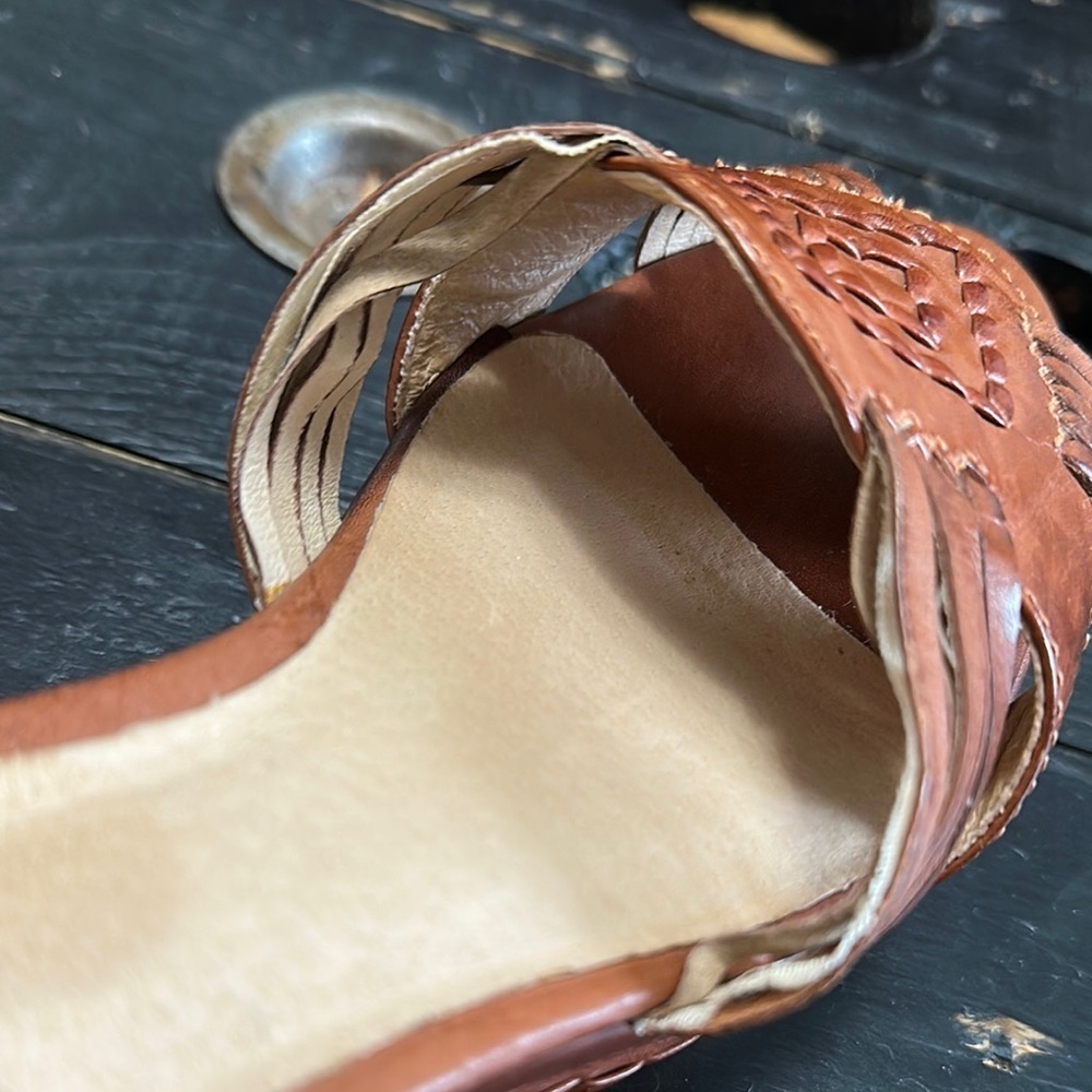 FRYE Carlie Huarache Ankle Brown Leather Wedge Sandals - Picture 11 of 14